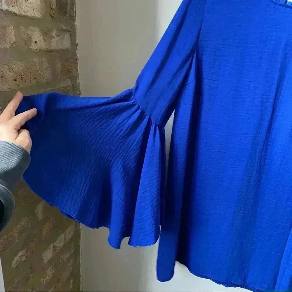 Royal Blue Mini Dress with Bell Sleeves - Women’s Size Large fits like Medium - Picture 3 of 14